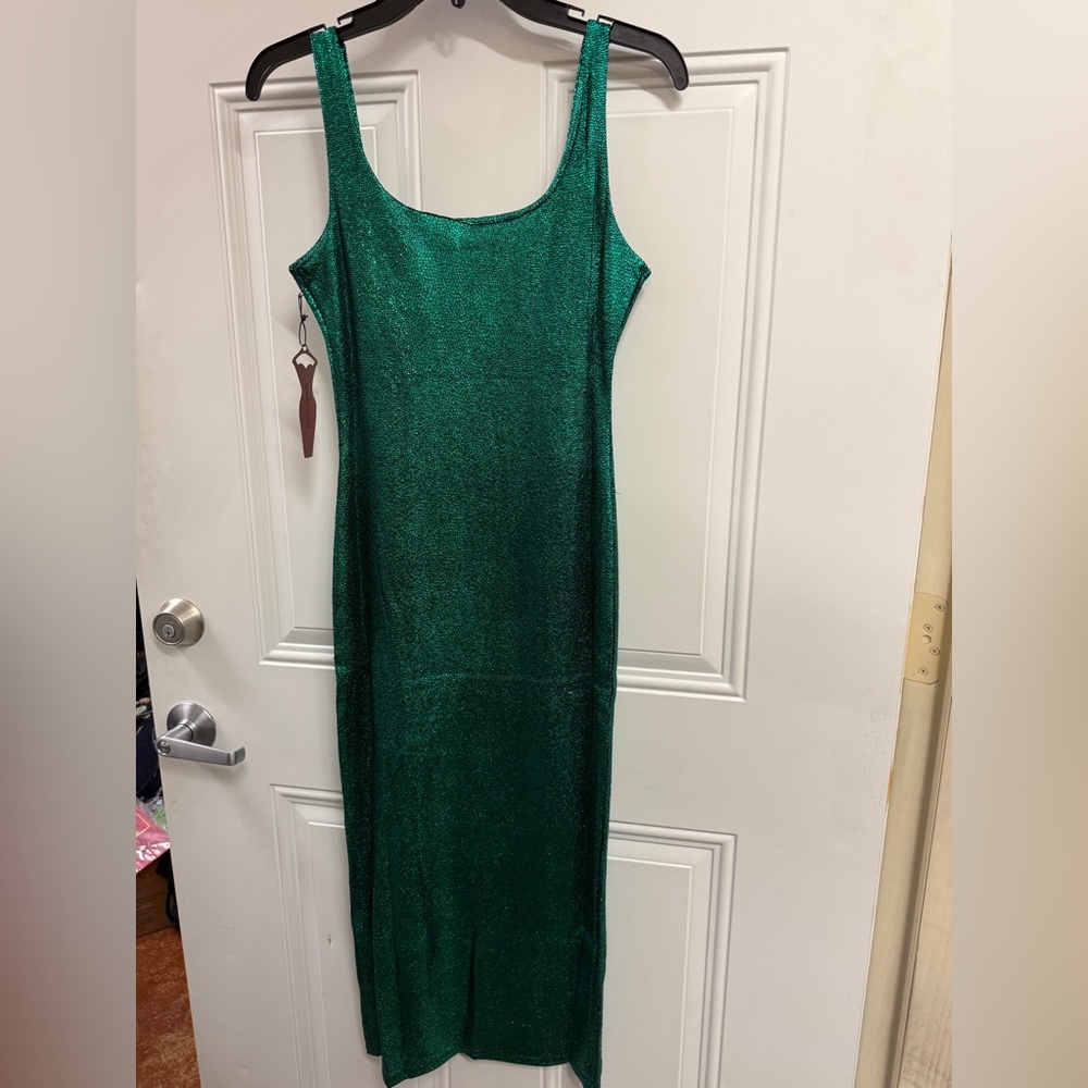 Haute Monde Shimmering Green bodycon midi Dress nwt - Picture 2 of 8